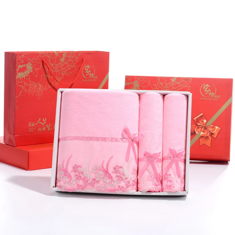 Lace edge towel set 3 pieces multi colors  face towel bath towels custom size Microfiber Bath Linens with gift box