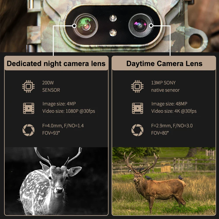 48MP Wildlife Photo Trap Wifi Trail Camera Dual Lens Auto Switch 4K 1080P Wildcamera