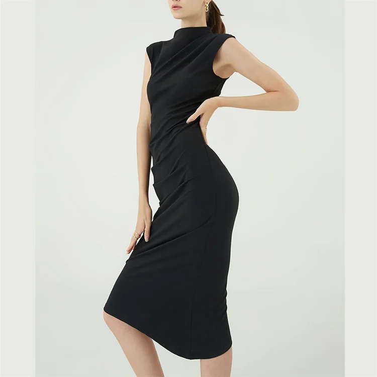 High Neck Slightly Capped Shoulder Pleats Across Waist And Mid-riff  Asymmetrical Hem Black Casual Dresses