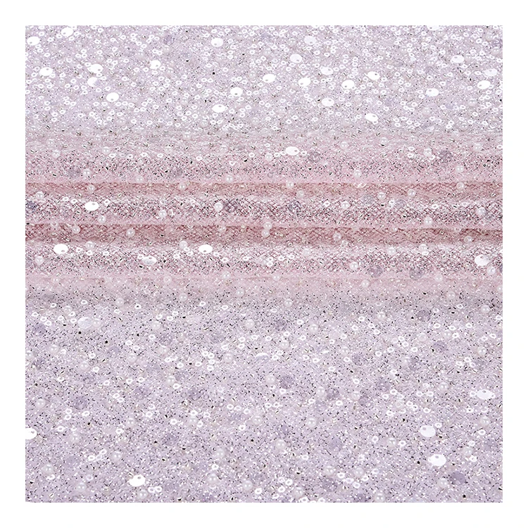 French fashion luxury style tulle embroidery overlay light pink beads sequins lace embroidered fabric for sale