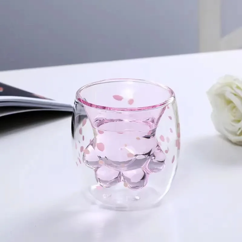 Cherry blossom pink girl cat claw cup high borosilicate glass double layer cup heat proof coffee milk juice cup