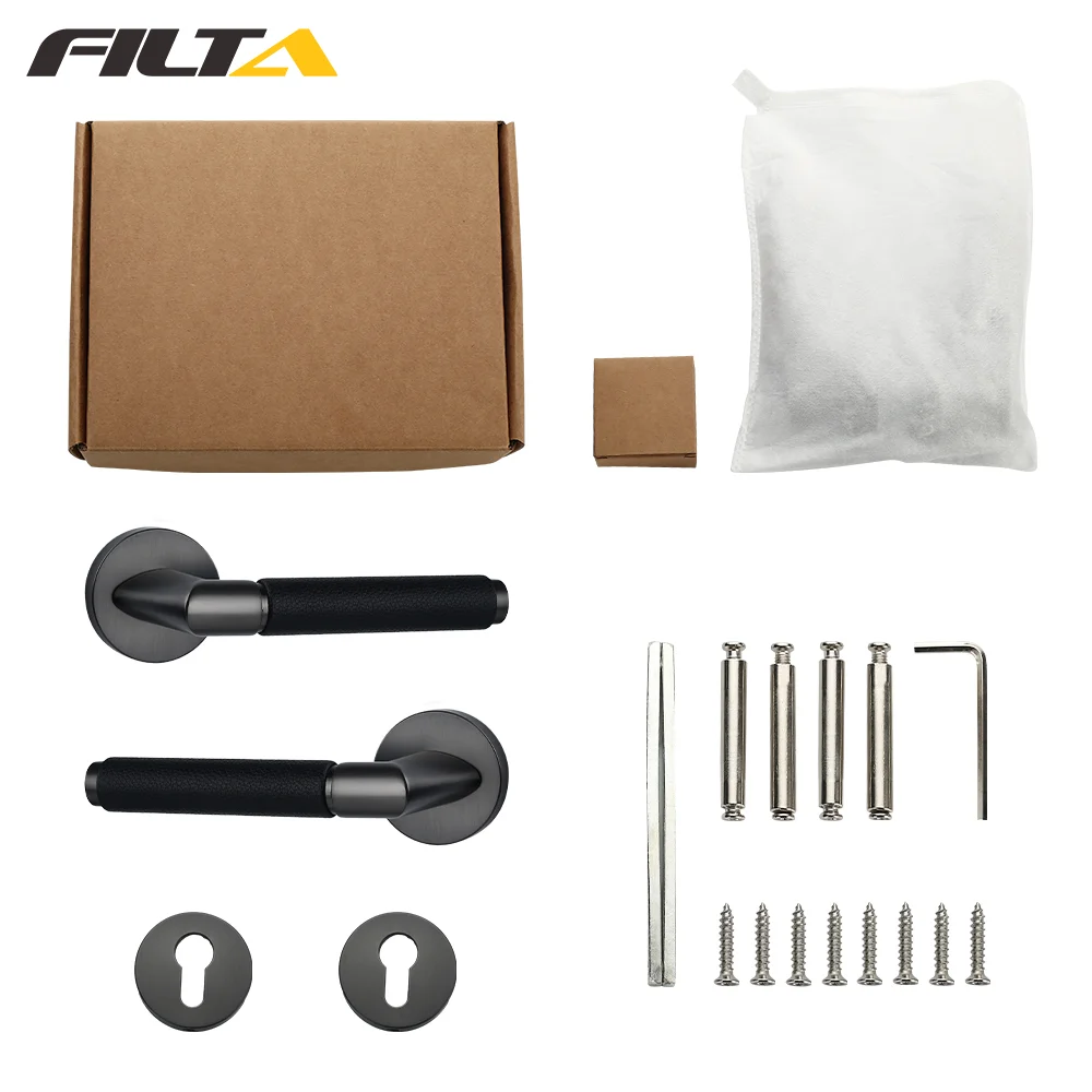 Filta Zinc Leather Wooden Door Lock and Handle Set Euro Profile Cylinder Plate