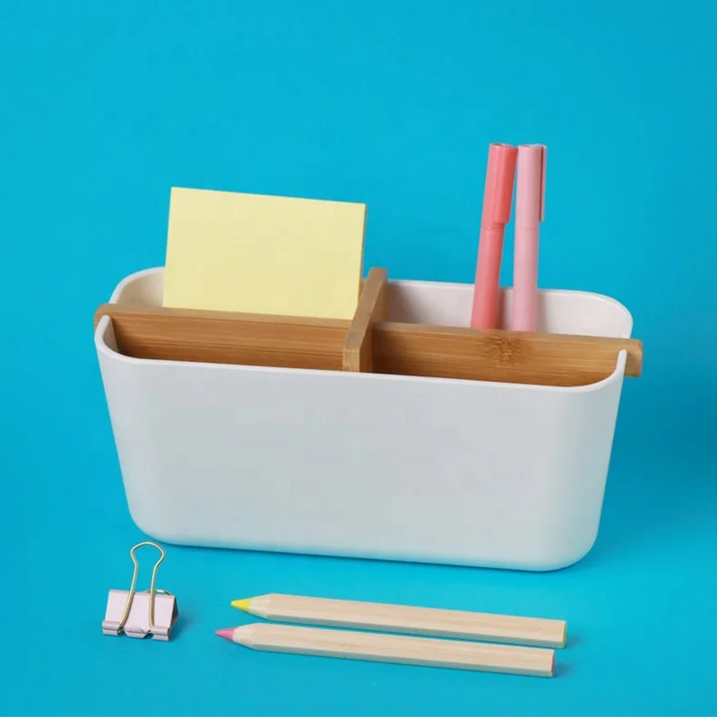 Factory wholesale bamboo pen pencil holder stand office home supplies cosmetic storage organizer with compartments