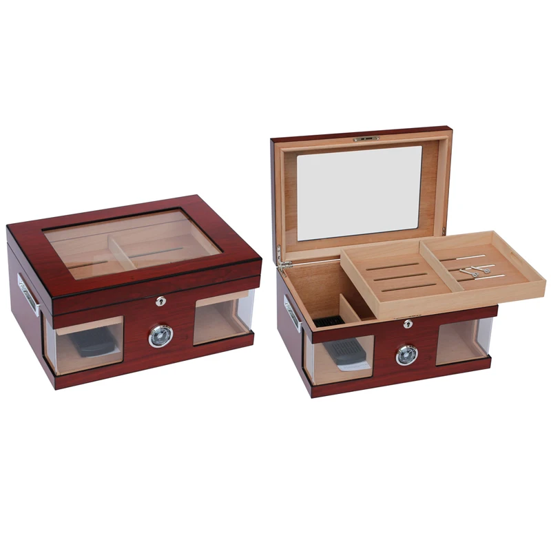 High quality Wooden Cigar Humidor Luxury Tempered Glass four sides and top glasses custom cigar box