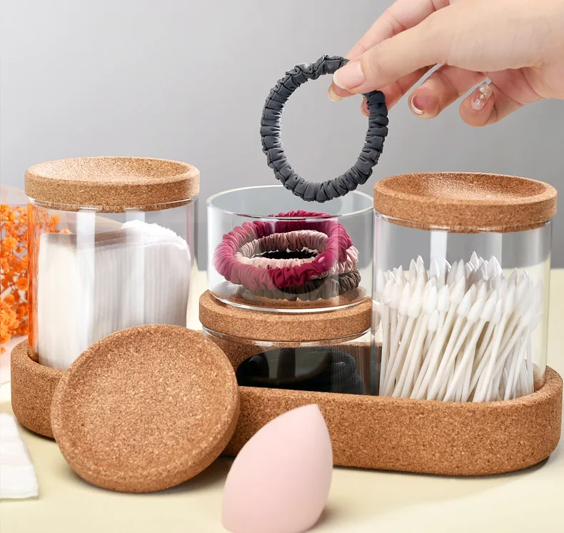 Storage Box Bathroom Jar Makeup Organizer Cotton Round Pad Holder Cotton Swab Box Qtip Holder Dispenser with Cork Lid