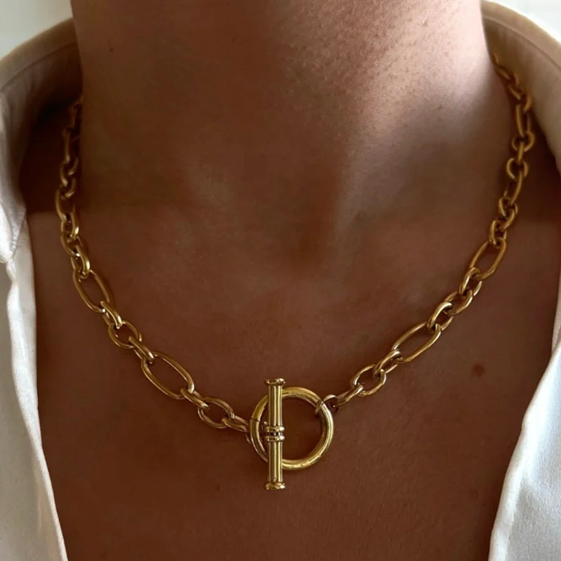 18k Gold Plated Chunky Link Chain Toggle Necklace Stainless Steel Necklace Jewelry Wholesale