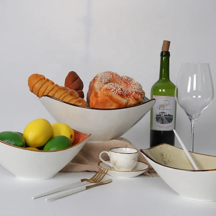
Scandinavian style olive shaped color glazed table ware dining buffet porcelain bowl wholesale custom for restaurant 