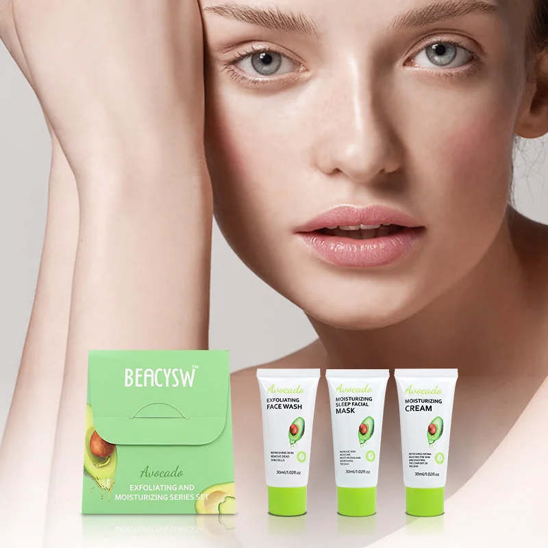 Avocado Series Exfoliating Face Wash Moisturizing Sleeping Mask & Smoothing Face Cream 3PCS Facial Skin Care Sets