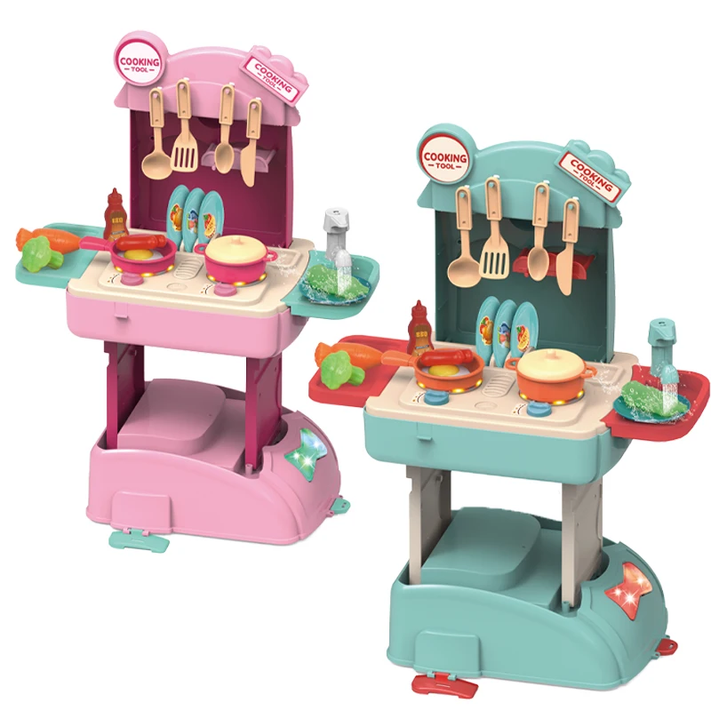 QS High Quality Kids Early Learning Cooking Set Toys 2 In 1 Plastic Pretend Play Tableware Kitchen Backpack Set Toys For Gift