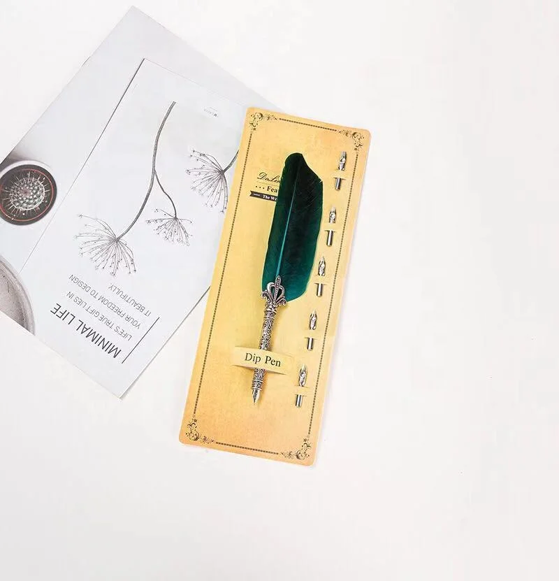 Creative Retro Feather Quill Pen Owl Feather Writing Dip Pen Hand Craft Copper Metal Pen with 5 Replaceable Nibs