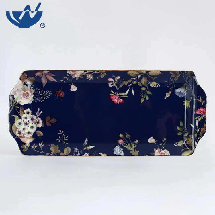 Wholesale Floral Pattern Decal Table Ware Ceramic Rectangle Serving Decor Porcelain Plates With Gold Rim