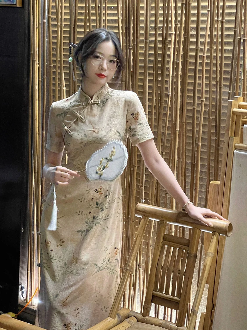 Waist collection chiffon cheongsam women ladies dress sleeved printed cheongsam cheap price chinese traditional dresses qipao