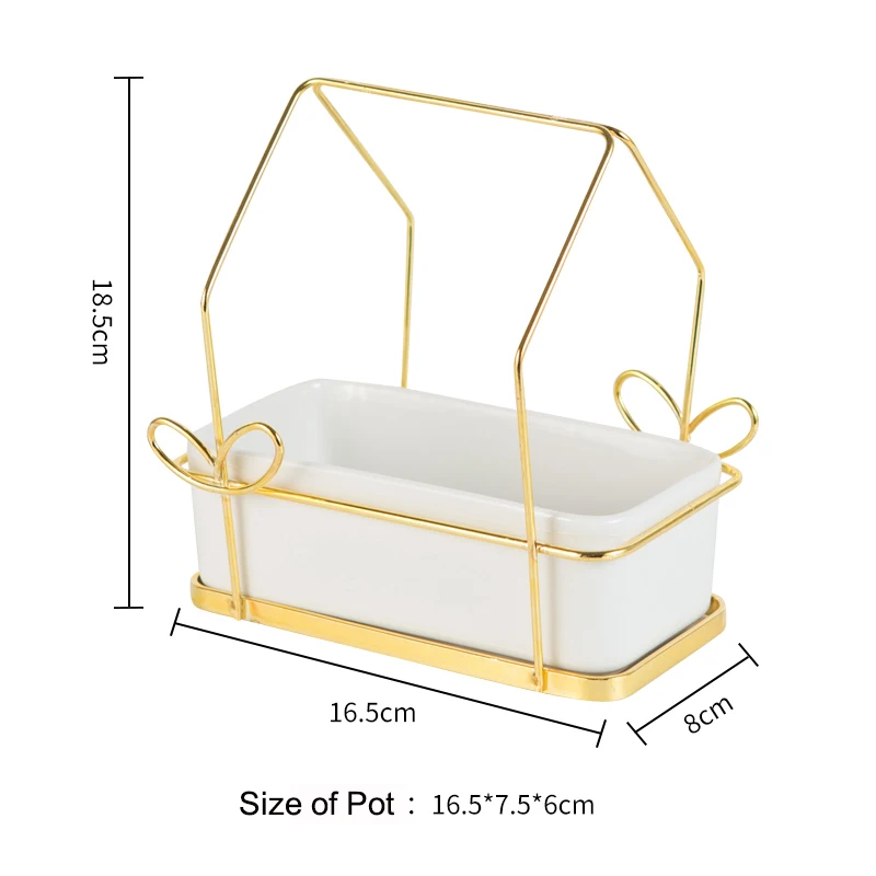 New Design Geometric Iron Gold White Stainless Frame Mini Small Ceramic Rectangle Metal Flower Pot