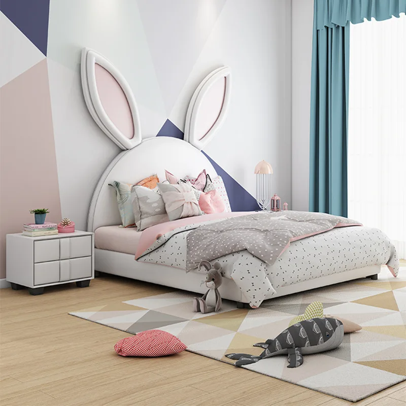 Cute Pink Bunny Ears Design Children Beds Solid Wood Double Kids Beds Cartoon Animal Shape Bedroom Furniture