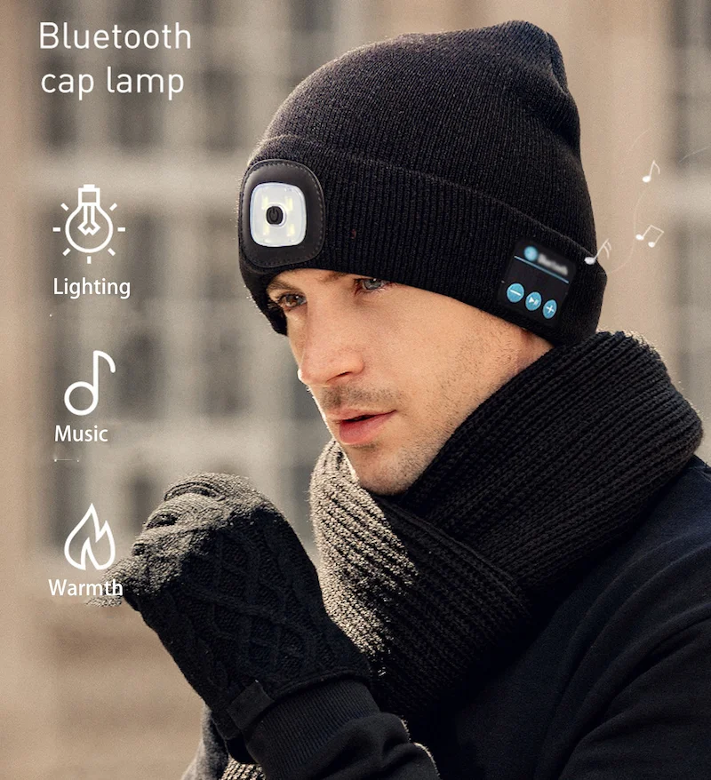 LED Beanie Hat with Light Unisex USB Rechargeable Hands Free 4 LED Headlamp Cap Winter Knitted Night Lighted Hat Flashlight