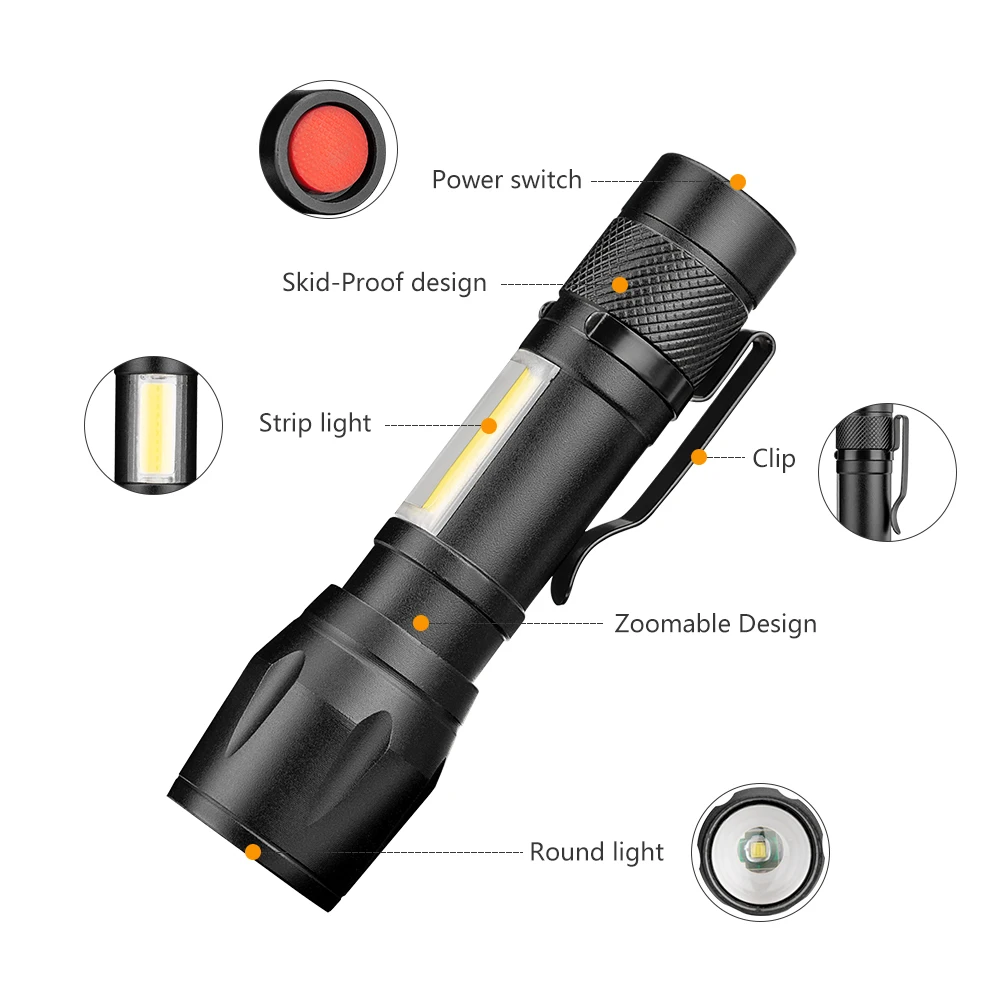 Portable LED Flashlight COB+XPE Tactical Torch Zoomable Focus Flashlights 3 Modes Waterproof Work Light Emergency Lanterna