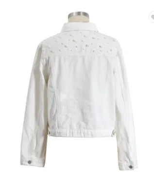 2023 New custom Pearl Denim beaded jacket women round ball beads micro pave cz Jackets LooseThin Short Style wedding Denim Coat