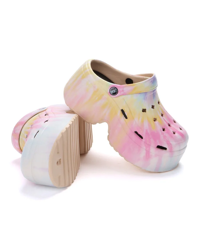 Bosirui Fashion Tie Dye Silicone Purses 9cm Summer EVA Clogs Set for Women Colorful Rainbow Hole Sandals with Thick 9cm Winter