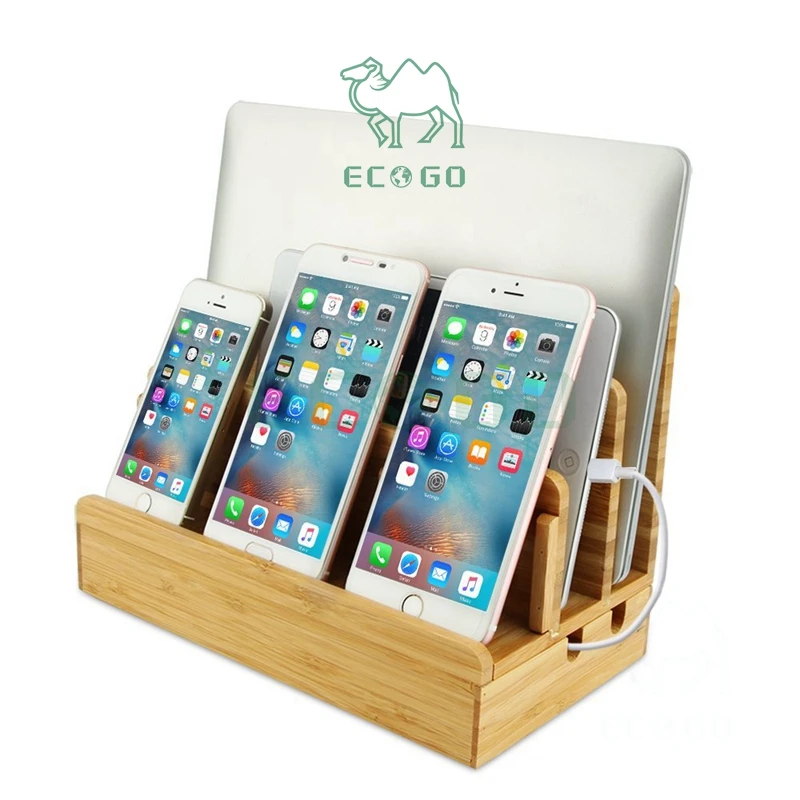 Bamboo Phone Charging Station Wood Desktop Cord Organizer Dock Station Tablet Stand Holder with 3 Slots for Electronic Devices