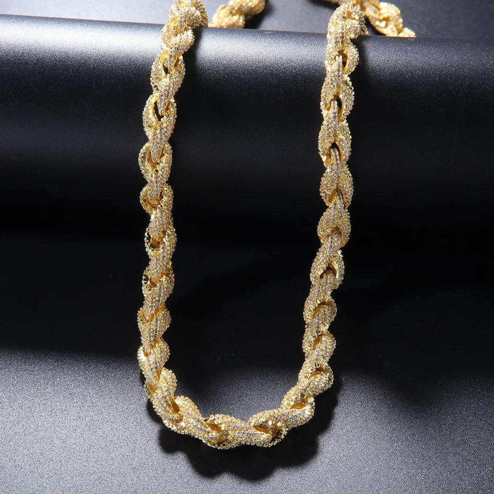 Hip hop iced out jewellery cz zircon stone twisted spiral cuban link chain real gold plated cuban chain rapper for man