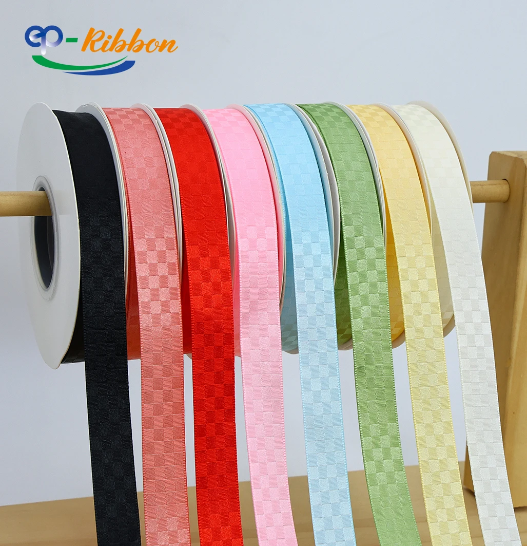 Hot Selling Enping White Checkered Ribbon Gingham Plaid Flower Printed Satin for Festive Gift Wrapping & Garment Accessories