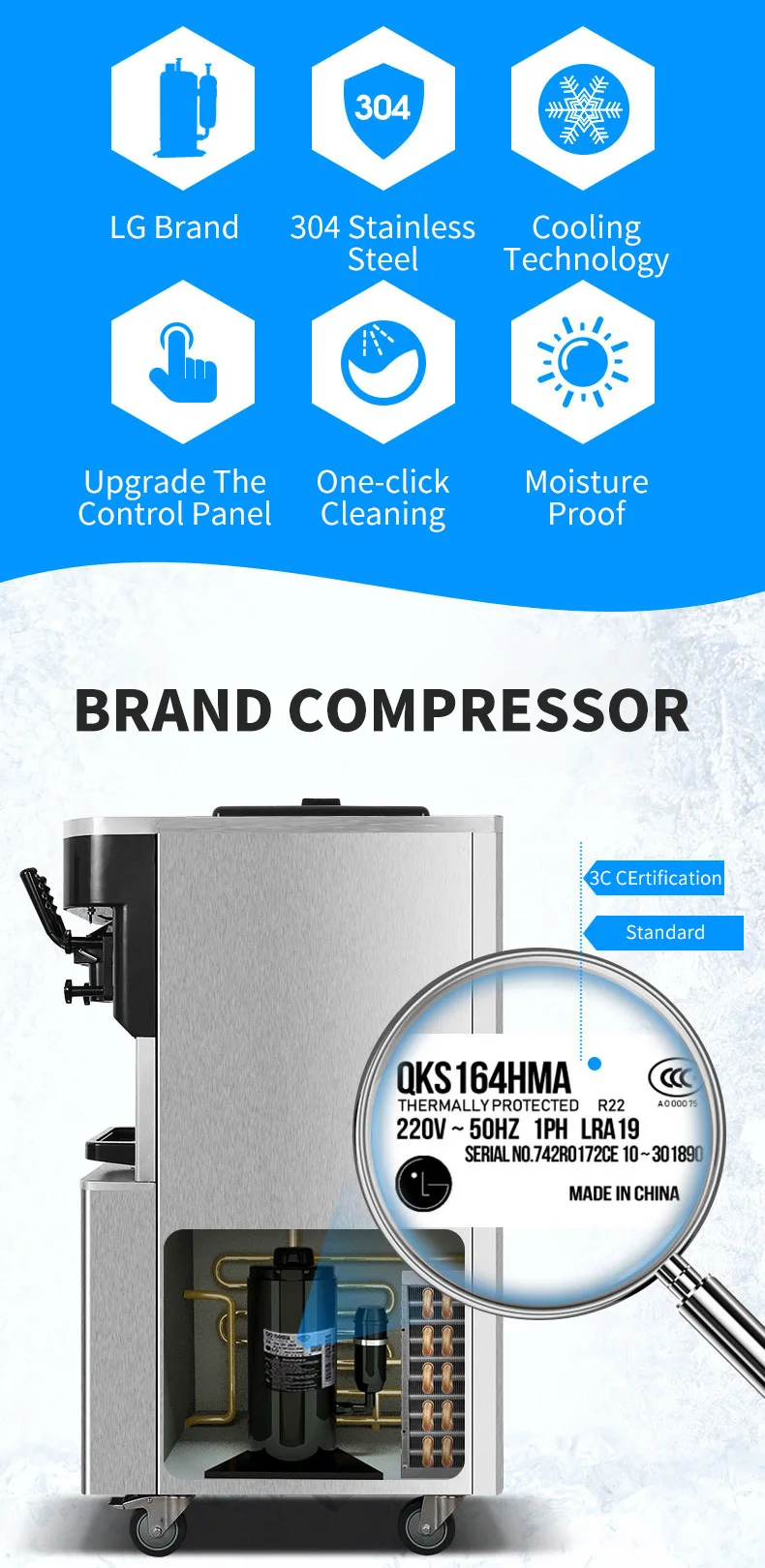 Commercial Intelligent Automatic Pre-Cooling Alert High Output Cone Type Equipment Soft Serve Ice Cream Machine