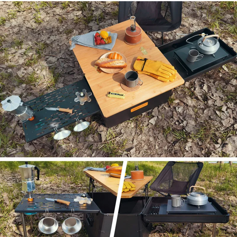 New Design Outdoor Mobile Kitchen Car Camping Box Picnic Storage Box Folding Tea Table Coffee Table Aluminum Metal Portable 11kg