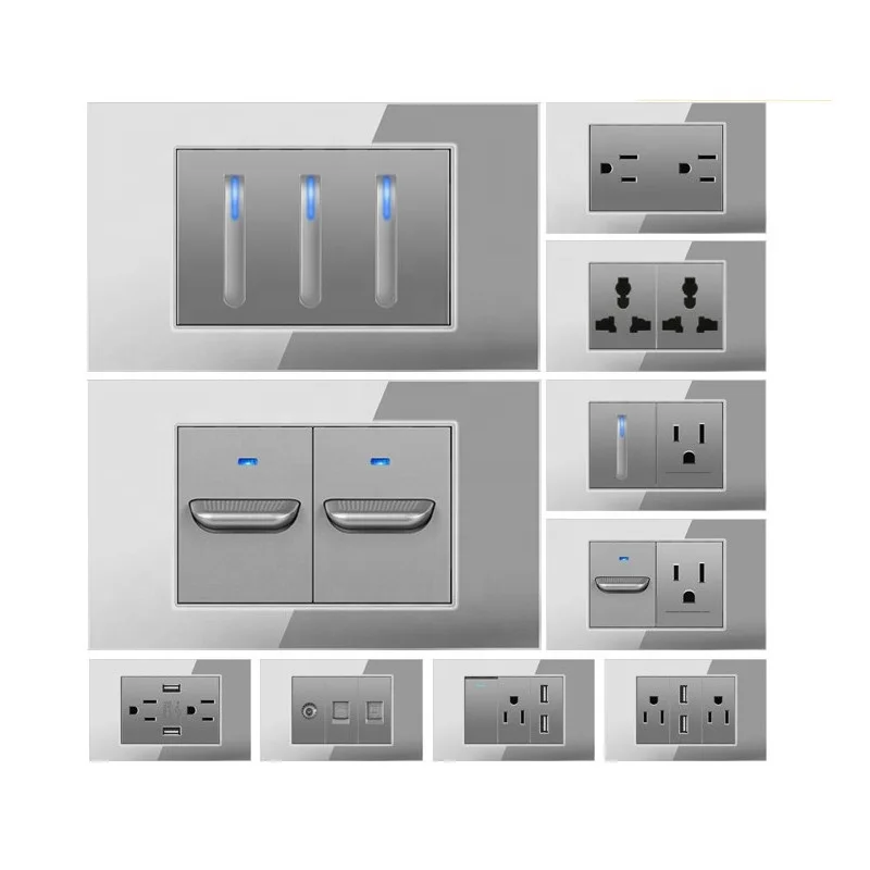 118 Grey American Standard Japanese Canada Brazil Thailand Wall Switch Socket Crystal Glass Panel 2 Gang 2Way USB Socket