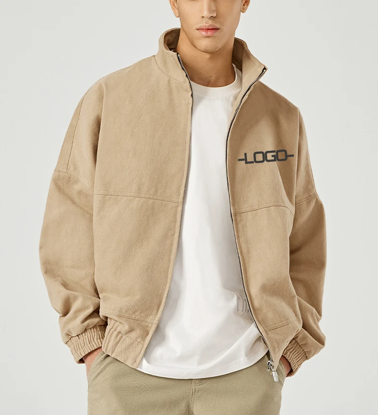 Casual Custom Logo Zippers Pockets Khaki Jacket Windbreaker Metal Zip Up Durable Cotton Twill Work Wear Men Jacket
