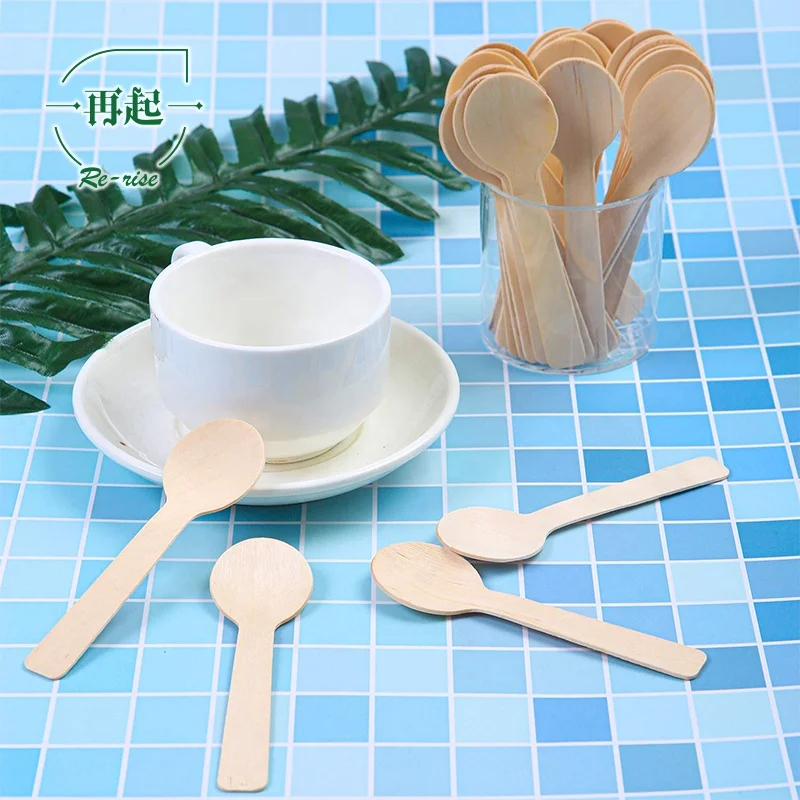 10cm or 100mm or 4 Inch Small Mini Lovely Eco-friendly Disposable Biodegradable Birch Wood Round Ice Cream Spoon