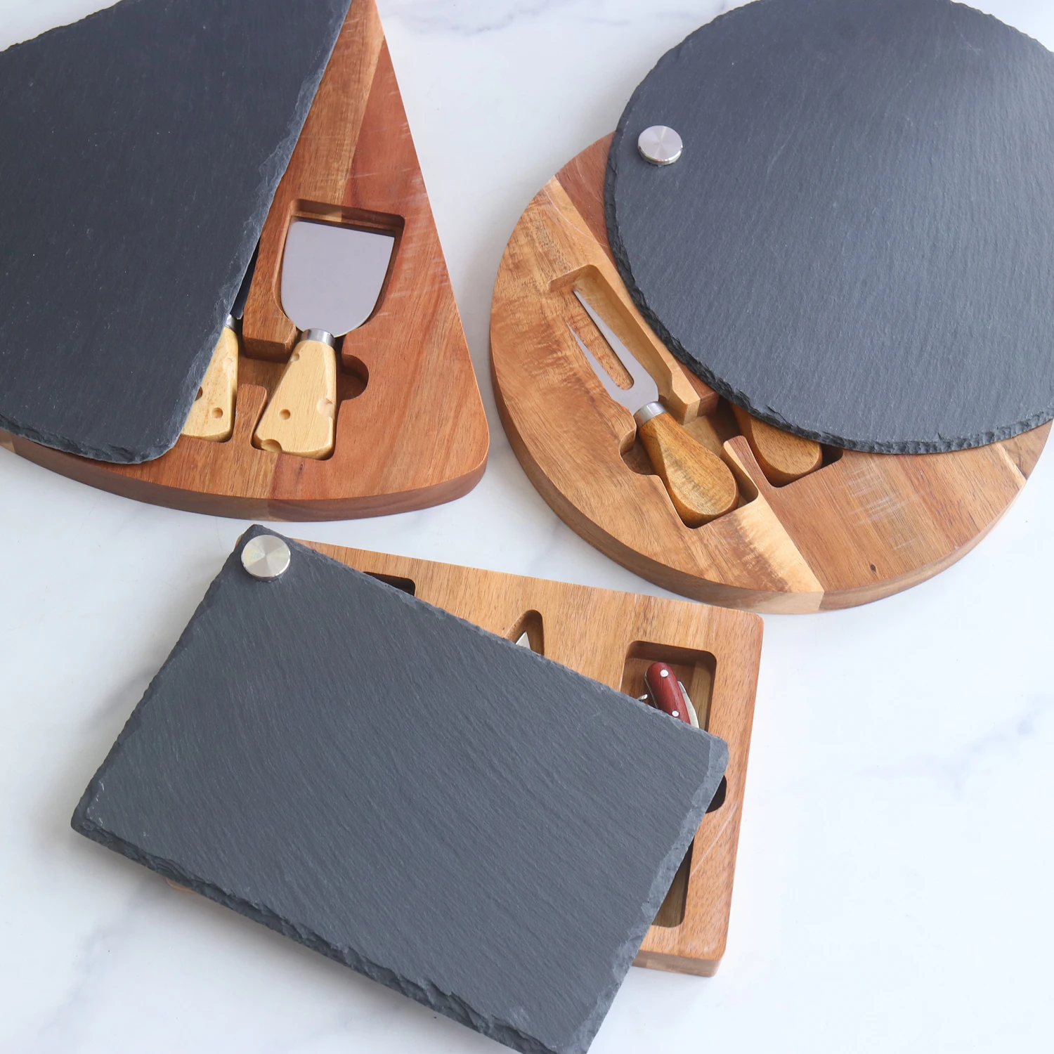 House Round Cheese Board removable circular chipping serving Slate Acacia Wood set of 4 cheese knives and fork server