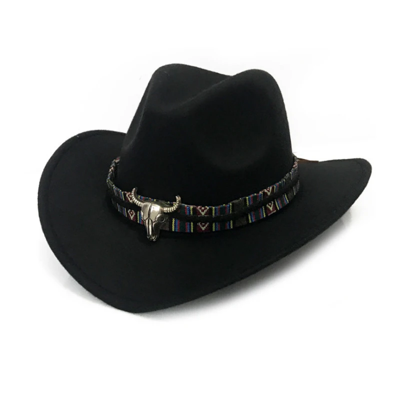 
High Quality Metal Bullhead Western Cowboy Top Hat Autumn Winter Woolen Jazz Hat Felt Cowboy Hat  (1600312610418)