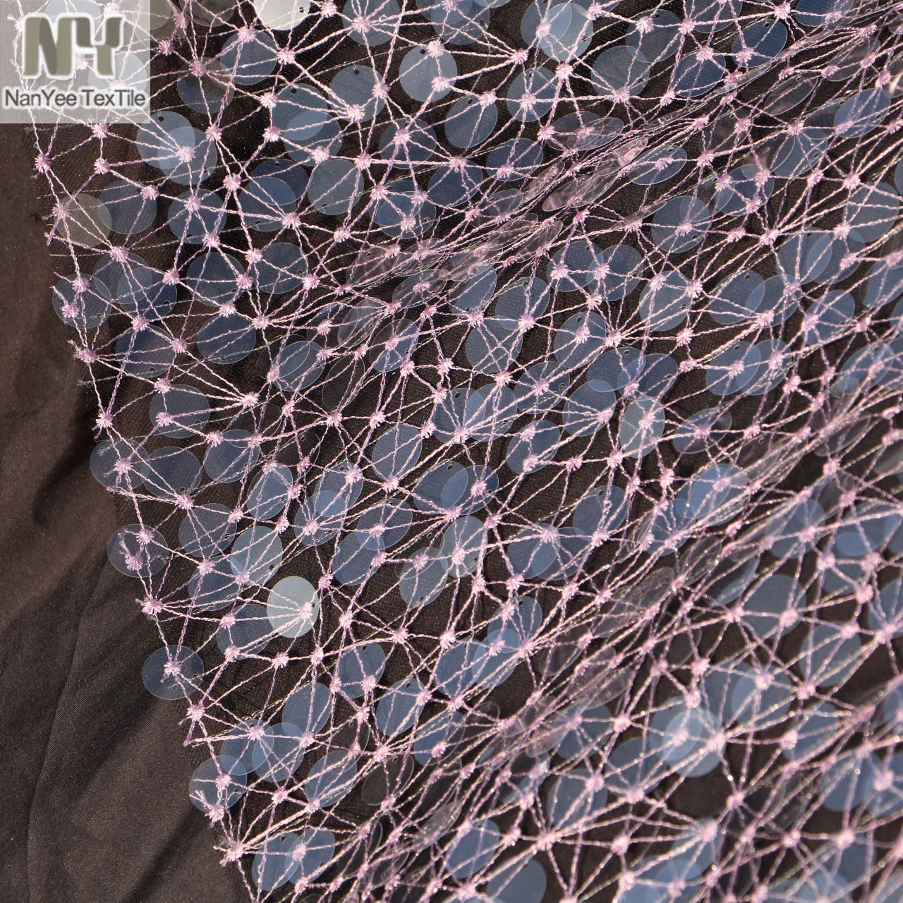 Nanyee Textile Pink Lurex Spider Net Starburst Embroidery Mesh 18MM Transparent Sequins