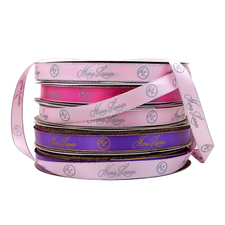 Wholesale custom printed logo gift polyester satin ribbon gold edge ribbon for gift wrapping