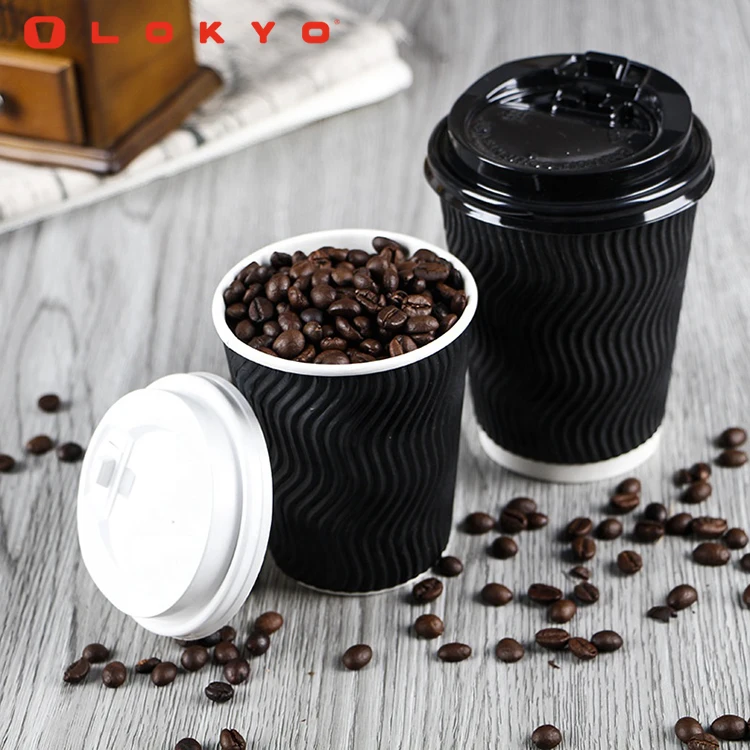 LOKYO Biodegradable custom 8oz takeaway hot drink ripple double wall paper cups disposable black coffee cups
