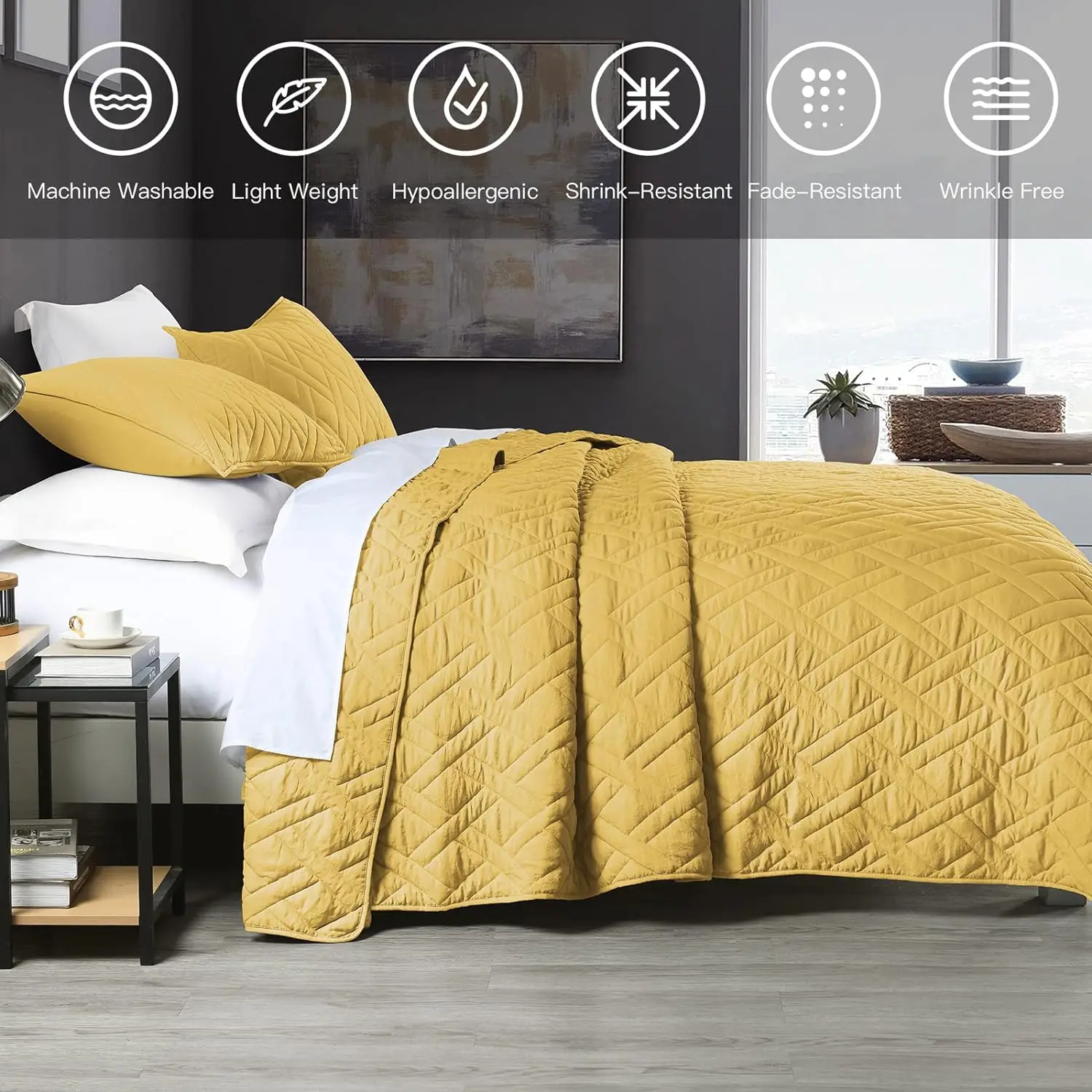 Hot Sale Mustard Yellow 100% Cotton Stitching Quilt Set Include 1 Quilt  2 Pillow Covers Simple soft Breathable for All Seasons