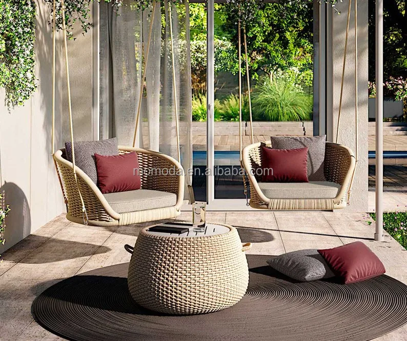Unique New Outdoor Designer Creative Red Rope Knot Egg Chair Courtyard Balcony Personality Leisure Lounge Chair with Ottoman