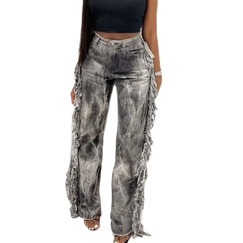 Custom Tie dye Printed Frilly Edges Custom Denim Sexy Jeans for women