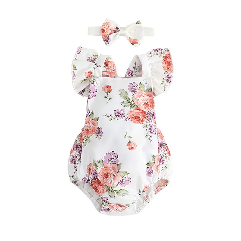 Baby Cute Triangle Sweetheart 2023 Baby and Toddler Summer New Print One Piece+Headband Two Piece Set