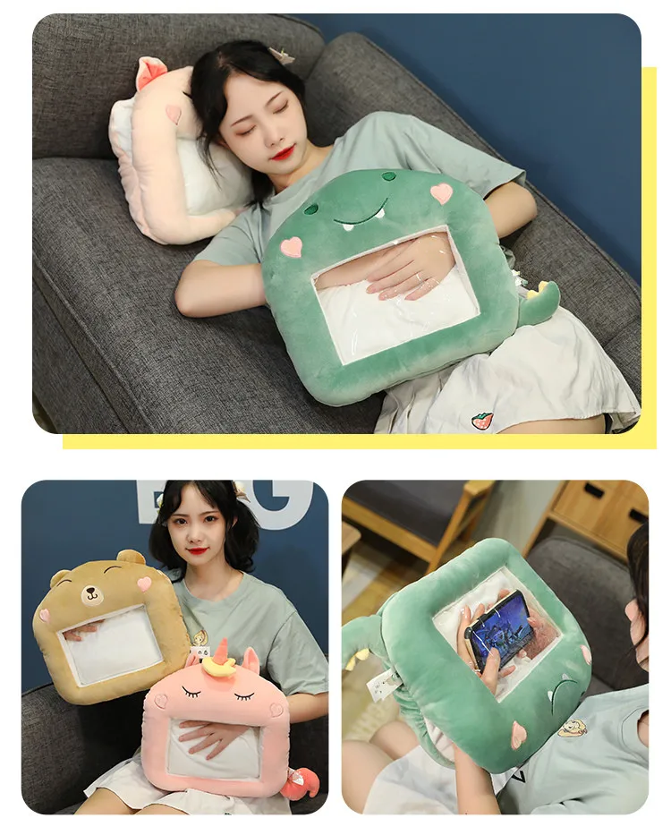 Winter hot sale cute animal hand warmer plush pillow with window iphone ipad covered warm animal stuffed throw pillow
