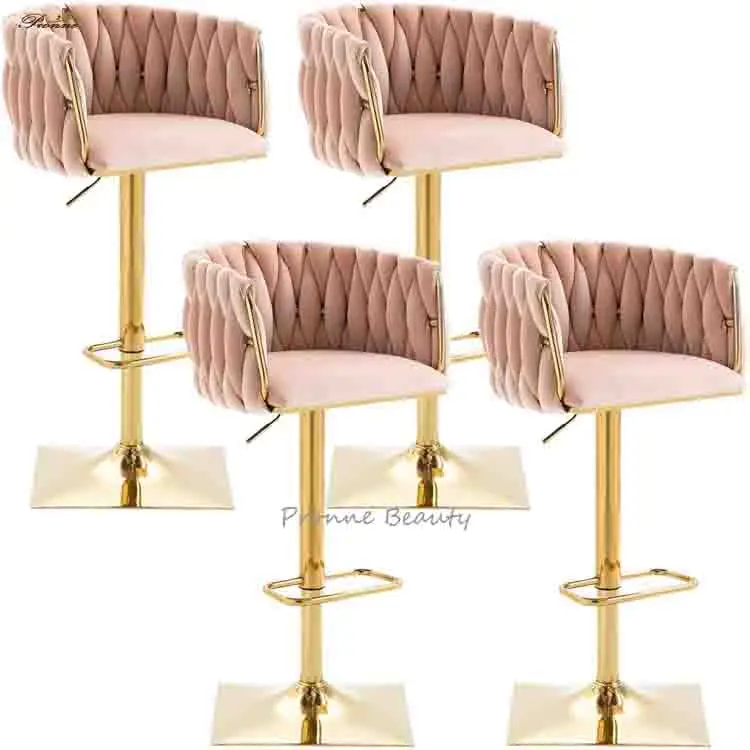Nordic Simple Modern pink Velvet Leisure Swivel Adjustable Gold Height bar Stool With Backs