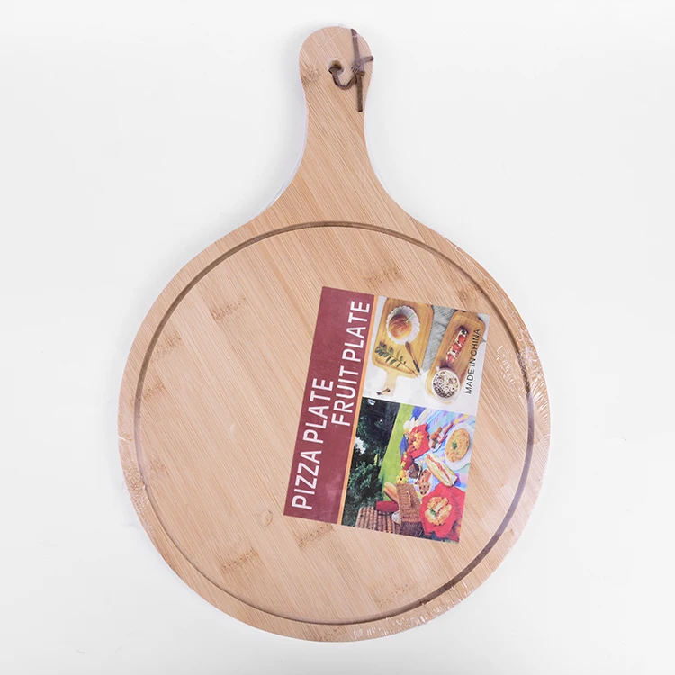 
Eco-Friendly Bamboo Round Pizza Steak Fruit Chopping Board Plate Multi-Use Cutting Board Steak Pizza Plate With Handle 