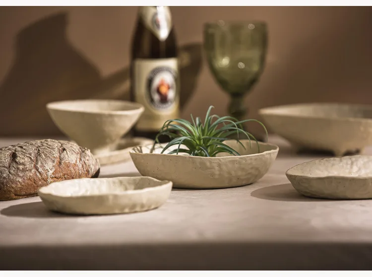 Hot Selling Nordic Style Handmade Ceramic Plate Rice Pottery Bowl Tableware Porcelain Dish Dinnerware Luxury Set