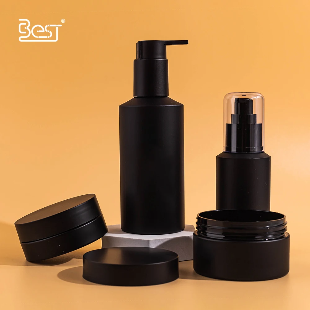 fancy skincare cosmetic matte black plastic 100ml 50ml jars with lids and spoon for cleansing oil sugar body scrub jars plastic