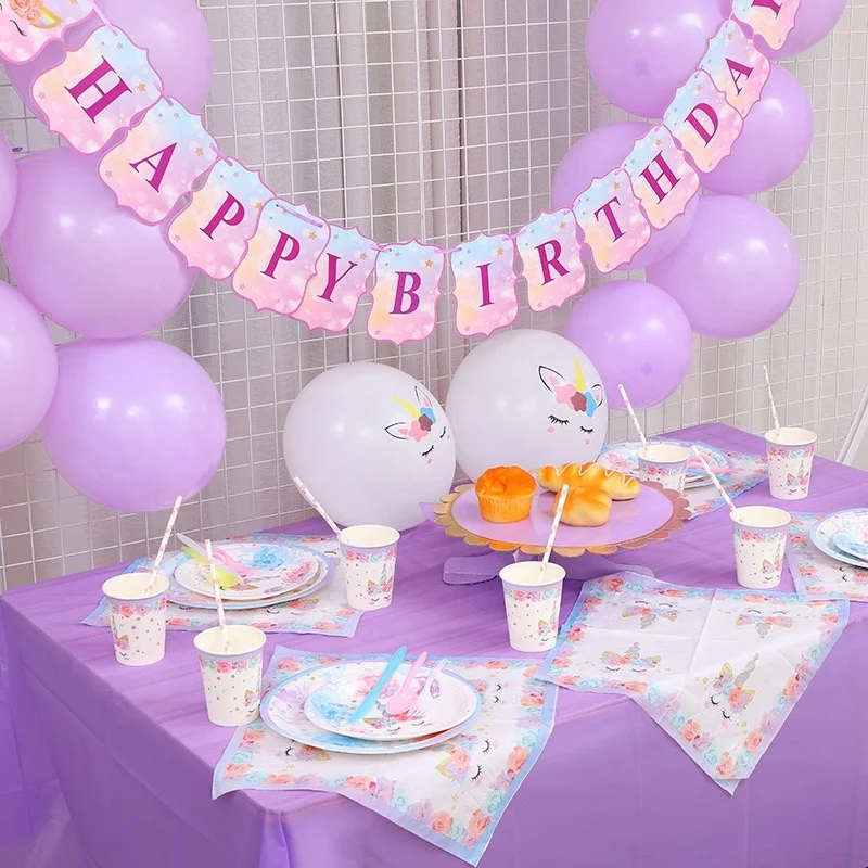 2019 Newest 16 Guests Unicorn Party Supplies  Pack Children Rainbow Birthday Party Supply Set With Bonus Happy Birthday Banner