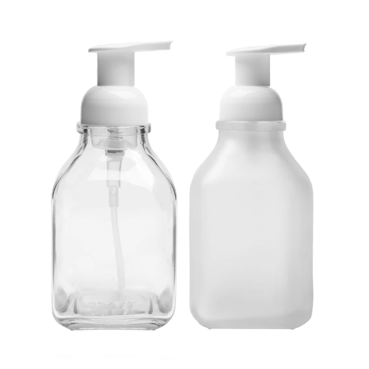 16oz Square Frosted Glass Foaming Soap Bottle With Silver Pump