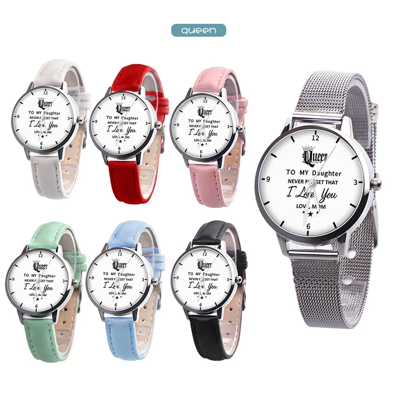 Relogio Feminino New Letter Mom King Queen Children Son Daughter Watches Kids Cute PU Leather Quartz Watch Gifts I Love You