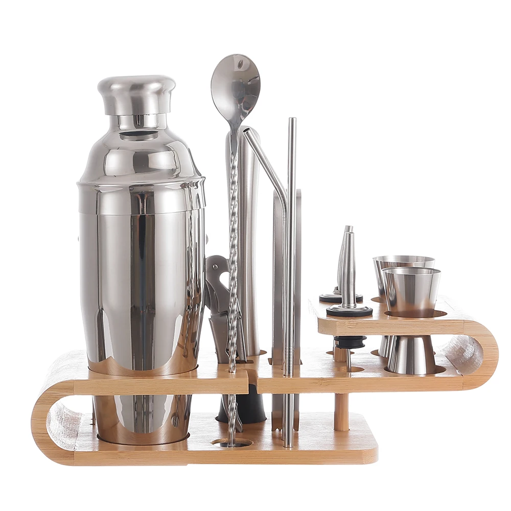Hot Sell Stainless Steel Cocktail Accessories 750ml Bartender Kit Cocktail Shaker Set With Bamboo Stand