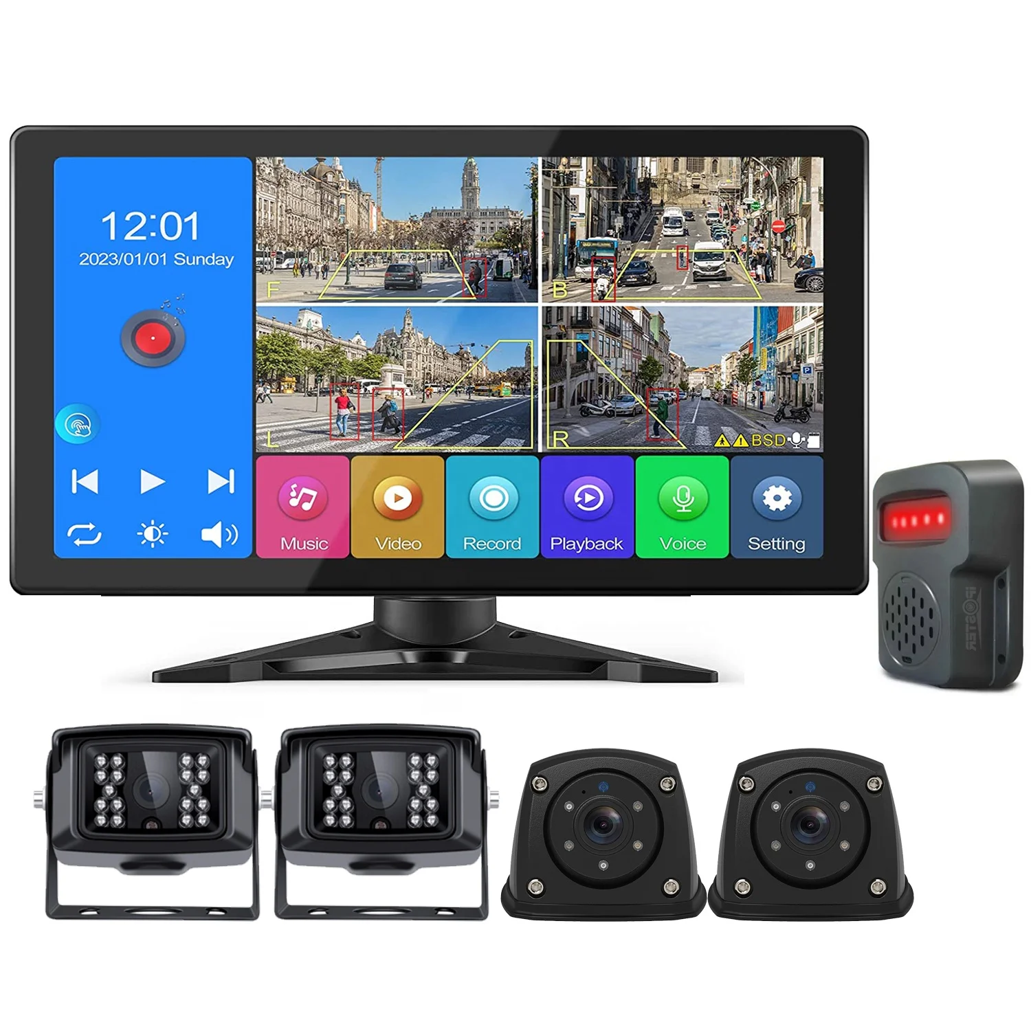 iPoster 10.1in truck quad view AI BSD Blind Spot Vehicle Pedestrian Detection DVR Monitor with Alarm beeper Camera safety System