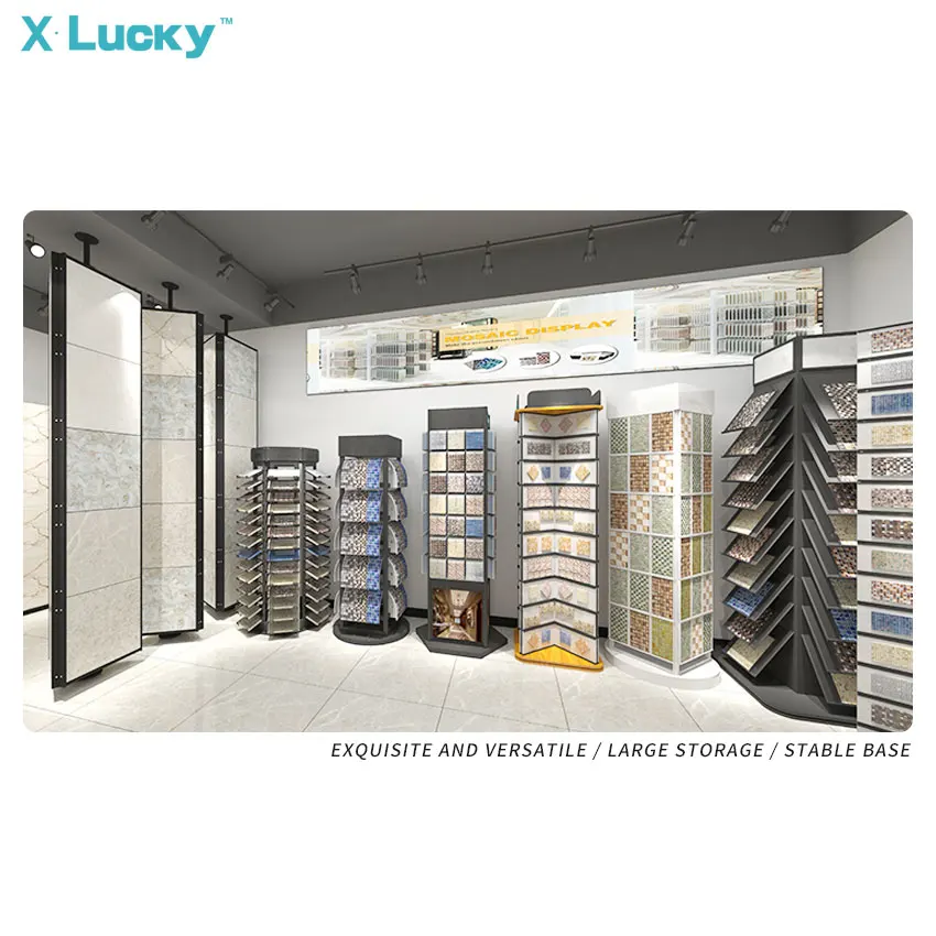 Lucky stone metal booth Glass exhibition marble showroom granite sample rotary tile quartz multi-faceted  mosaic display rack